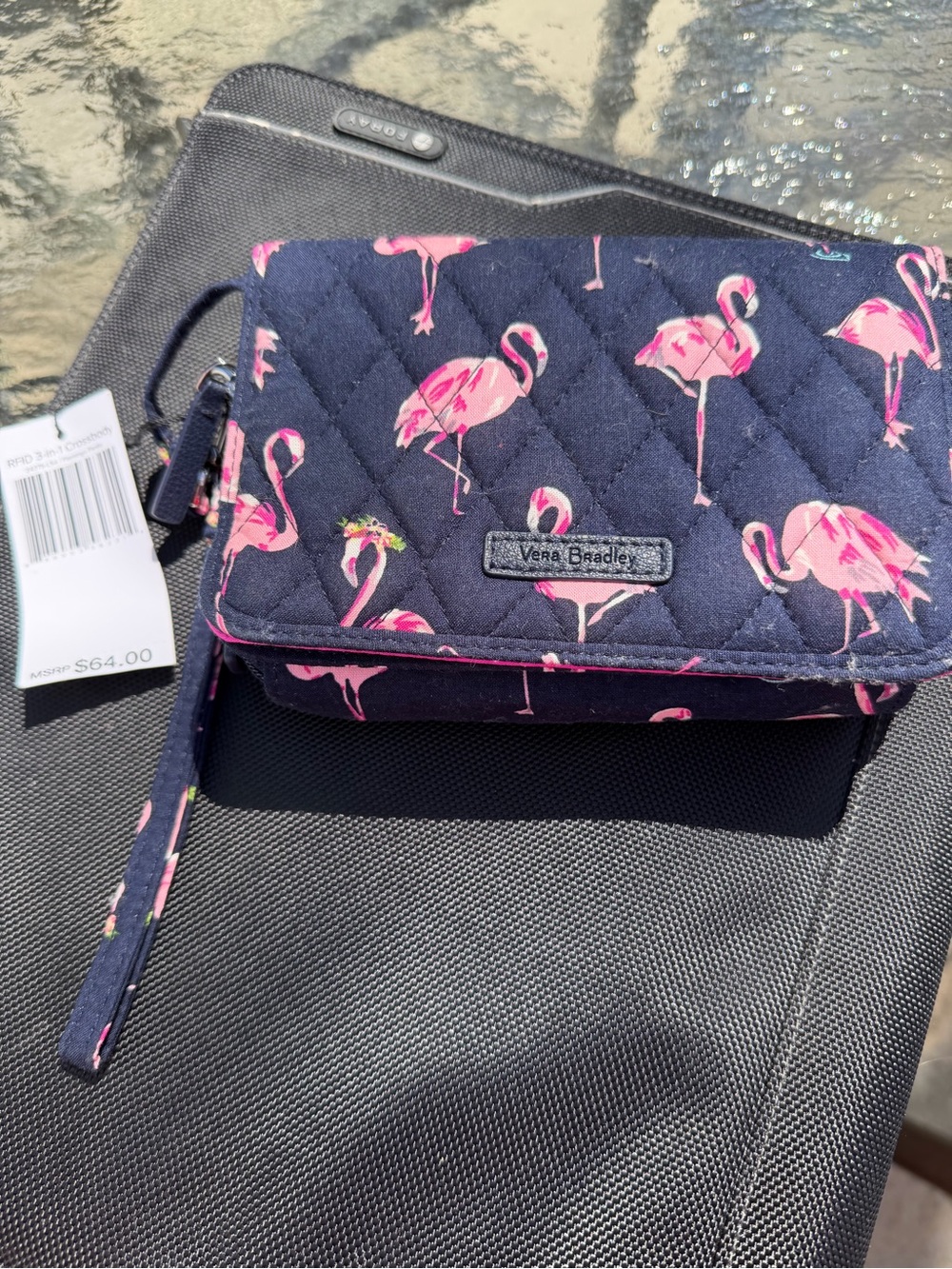 Vera Bradley Navy Quilted Flamingo Wristlet/Crossbody Wallet New